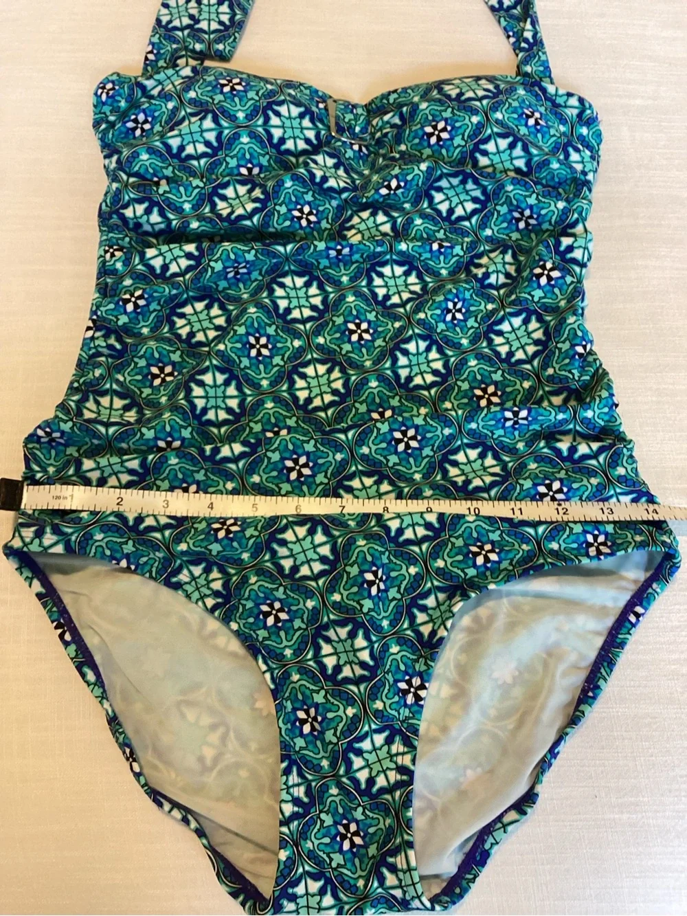 SPANX Love Your Assets Pinup One Piece Swimsuit Medium Fiesta Tile Blue Green